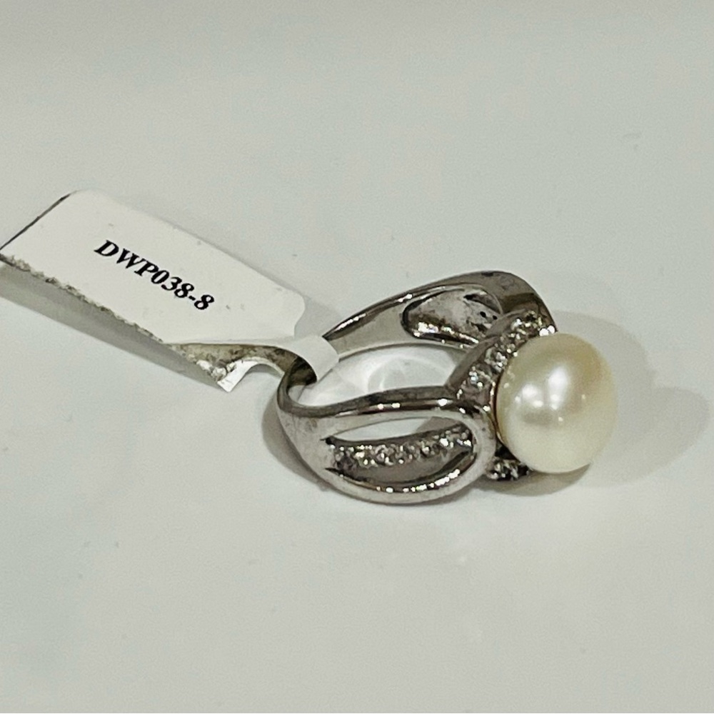 925 Sterling Silver, Fresh Water Pearl & White Topaz Ring Sz 8 - Picture 4 of 11